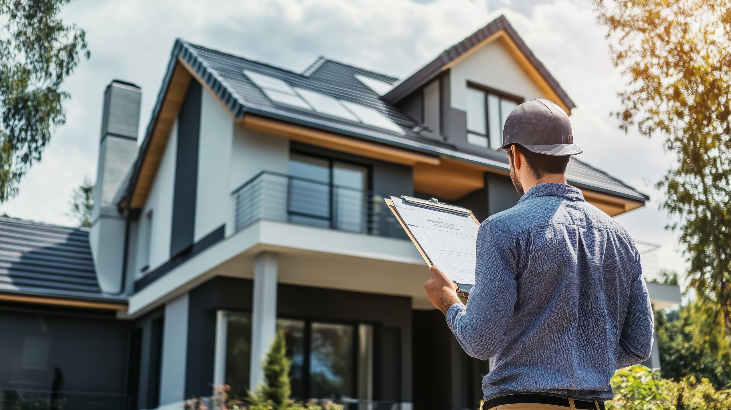 Home inspector evaluating a modern house with solar panels on a sunny day in a suburban neighborhood Home inspector evaluating a modern house with solar panels on a sunny day in a suburban neighborhood
